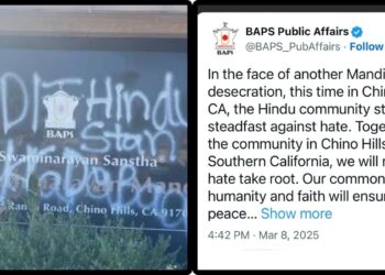 Hateful Attacks Against Hindus in the U.S. – Vandalization of BAPS Swaminarayan Mandir