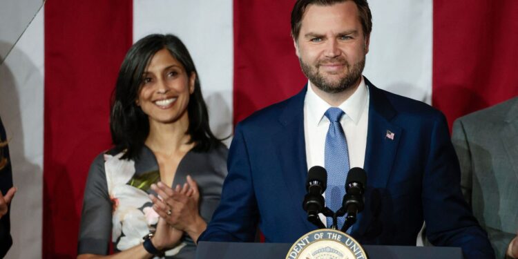 US Vice President JD Vance join by his wife Usha Vance, speaks at Vantage Plastics in Bay City, Michigan, March 14, 2025. (Photo by JEFF KOWALSKY / AFP)